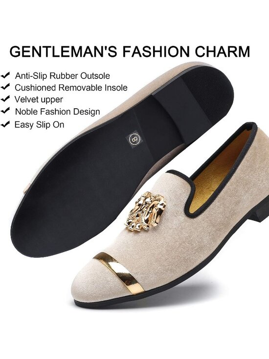 XQWFH Men\'s Beige Leather Velvet Loafers With Gold Plate Smoking Slip On Shoes main image 6